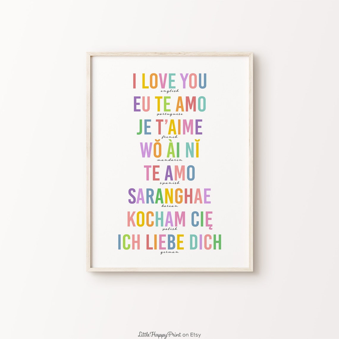I Love You in Eight Languages Colorful Rainbow Typography Wall Art