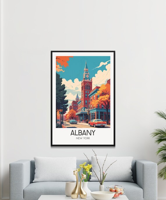Albany New York Historic Clock Tower Autumn Vintage City Poster