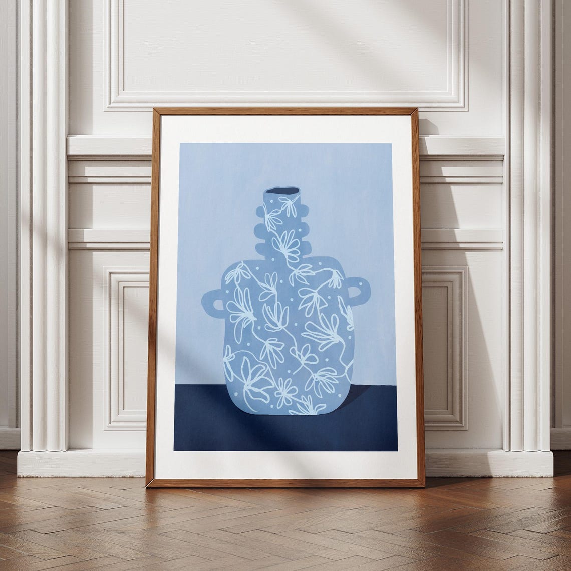 Blue Floral Line Drawing Vase Decorative Botanical Wall Print