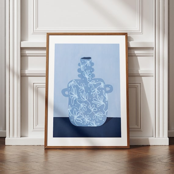 Blue Decorative Vase Wall Art Floral Line Drawing Poster Pottery Print Scandinavian Kitchen Large Soft Decor