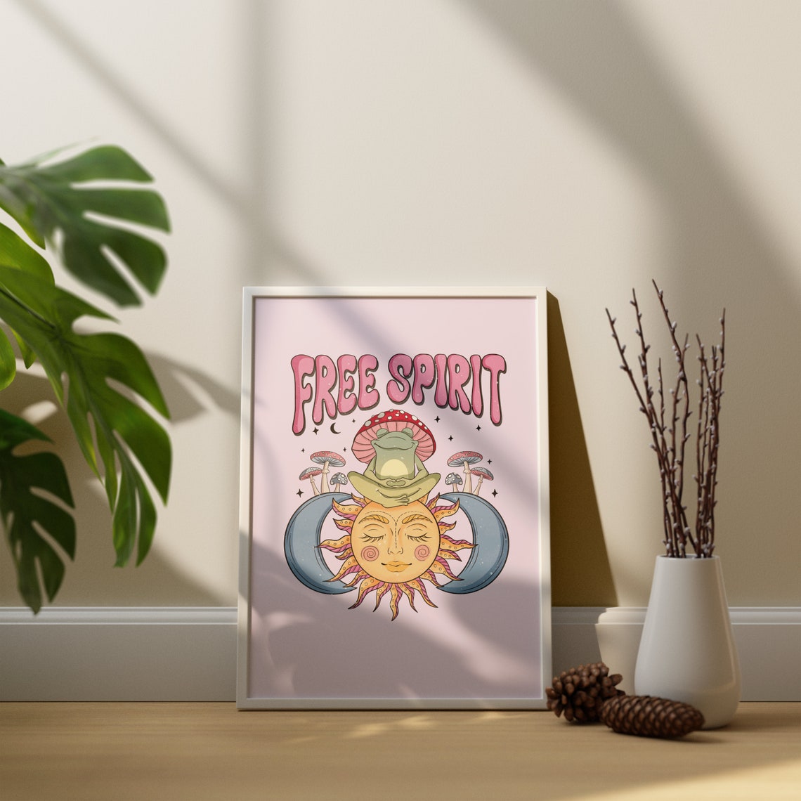 Free Spirit Meditating Frog Poster Celestial Sun Moon Mushroom Decor - Image 2