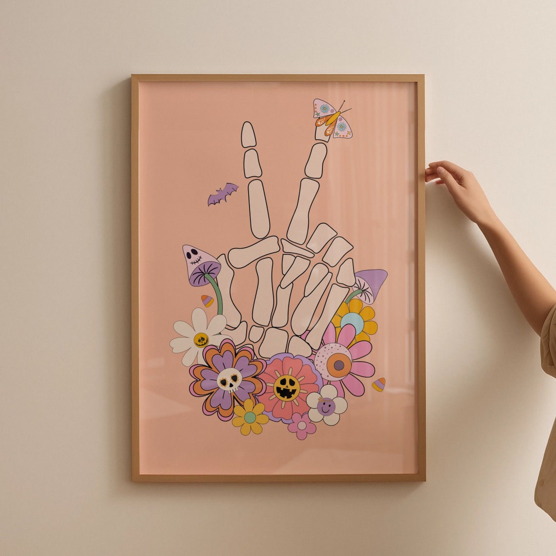 Retro Skeleton Peace Sign Hand Halloween Flowers Graphic Poster