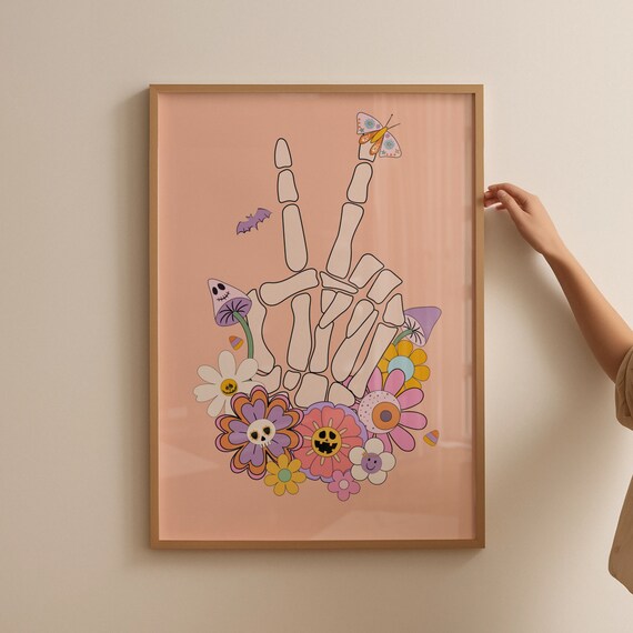 Retro Skeleton Peace Sign Hand Halloween Flowers Graphic Poster
