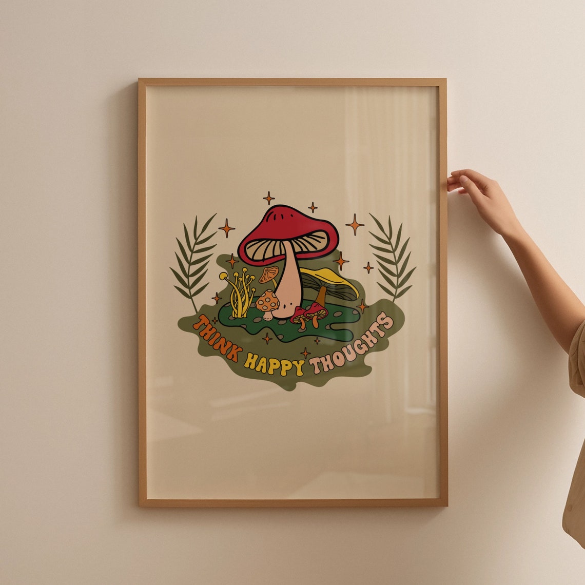 Think Happy Thoughts Retro Mushroom Cottagecore Quote Poster - Image 4