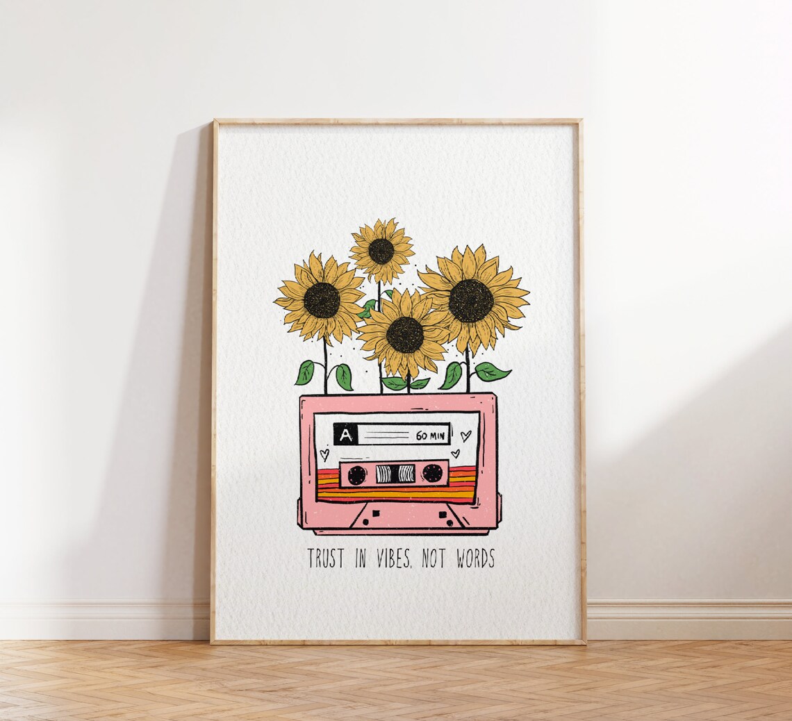 Sunflower Retro Poster, Positive Quote Hippie Decor