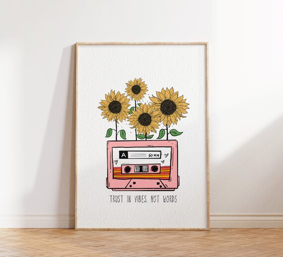 Sunflower Retro Poster, Positive Quote Hippie Decor