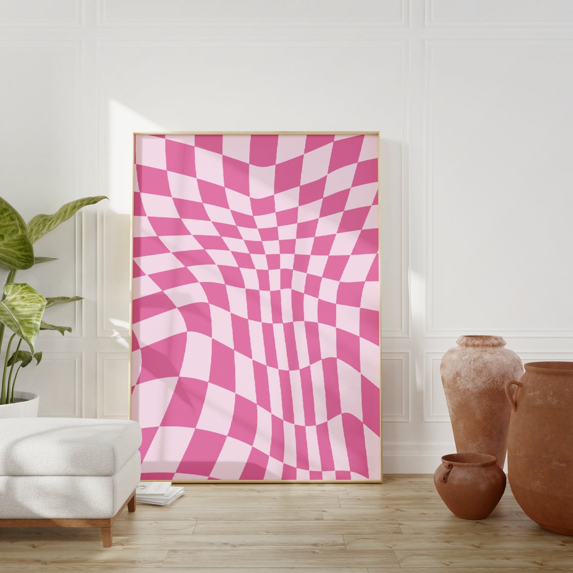 Pink Wavy Checkered Retro Poster Y2K Trippy Optical Illusion Decor - Image 3