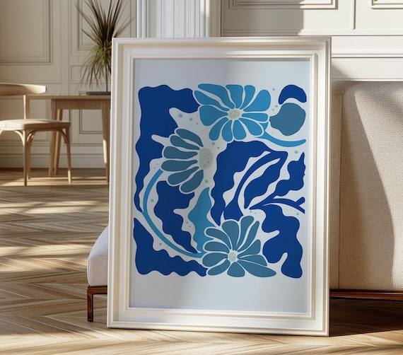 Blue Abstract Floral Matisse Style Botanical Modern Art Print