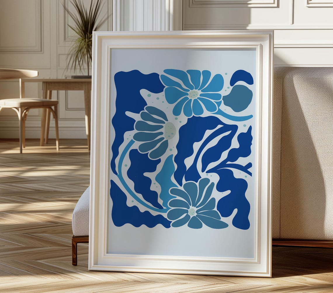 Blue Abstract Floral Matisse Style Botanical Modern Art Print
