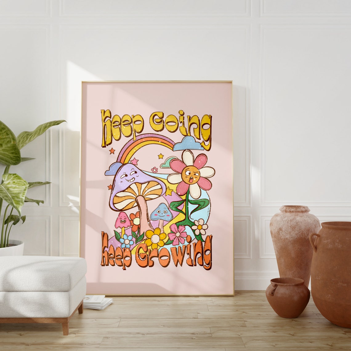 Keep Going Keep Growing Groovy Mushroom Flower Retro Quote Poster - Image 2
