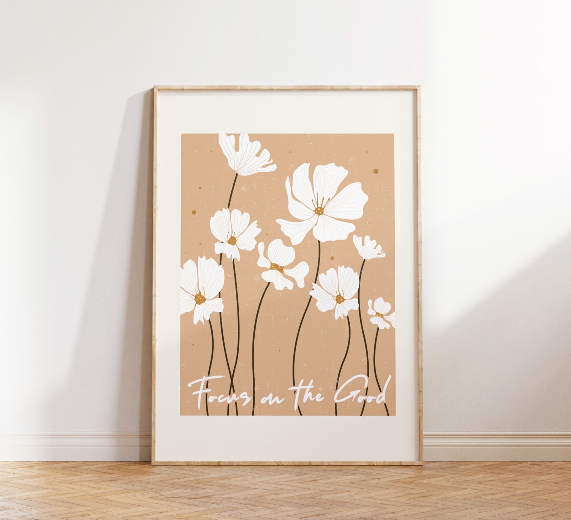 Focus on the Good White Cosmos Floral Script Message Wall Poster - Image 2