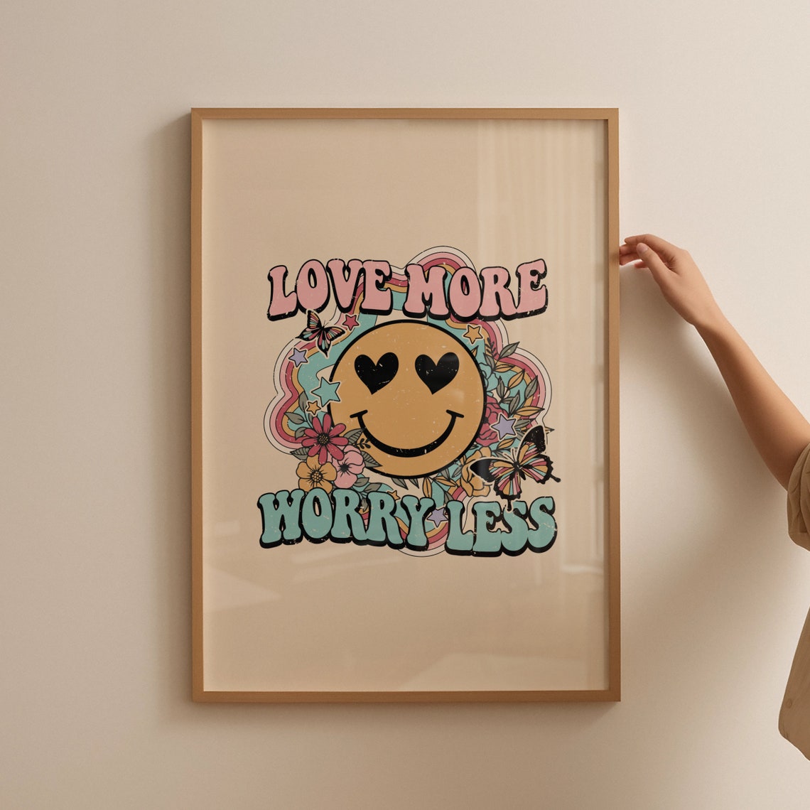 Love More Worry Less Retro Heart Eyes Smiley Groovy Quote Poster