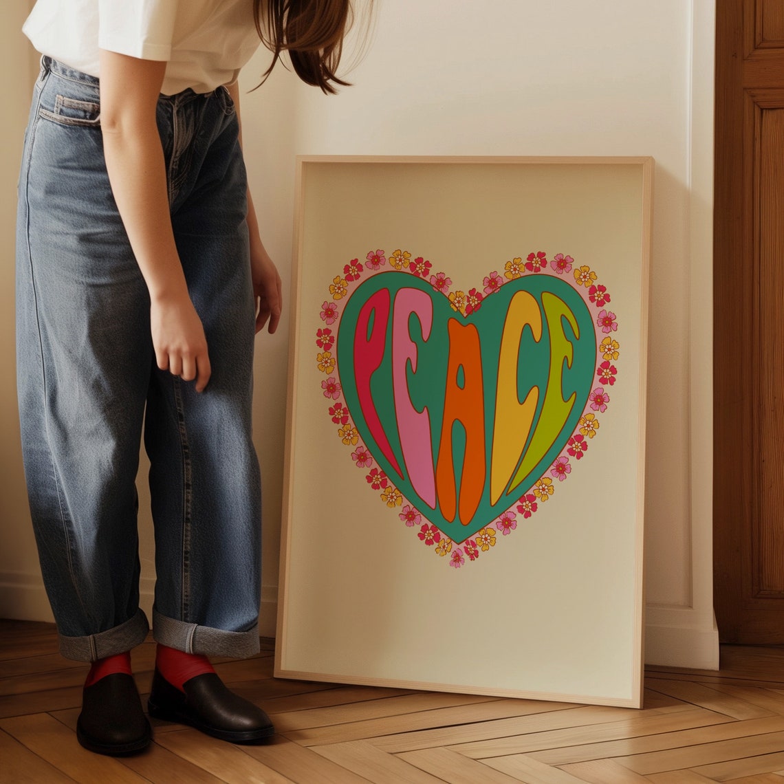 Peace Heart Retro Groovy Poster Colorful Floral Hippie Wall Decor - Image 4