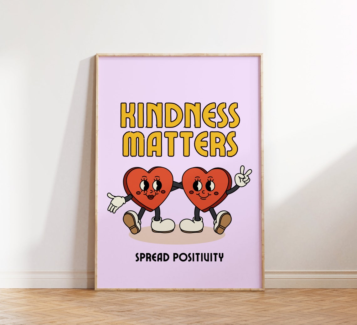 Kindness Matters Retro Cartoon Hearts Positivity Quote Poster