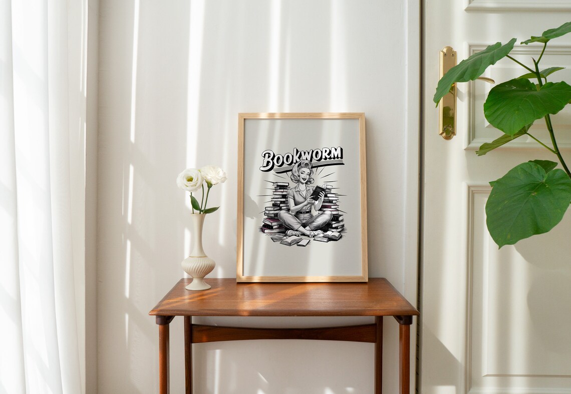 Retro Bookworm Pin Up Woman Reading Stacks Of Books Gift Poster - Image 2