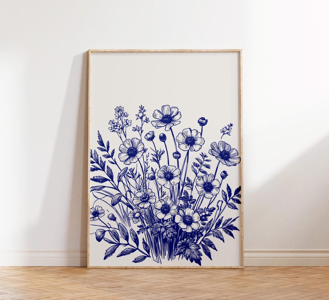 Blue Ink Botanical Bouquet Poster Vintage Wildflower Sketch Decor - Image 4