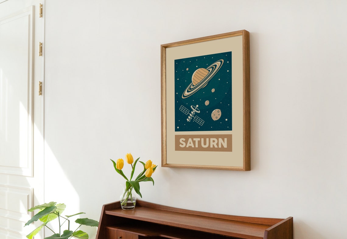 Saturn Retro Space Planet With Rings Satellite Solar System Poster - Image 4