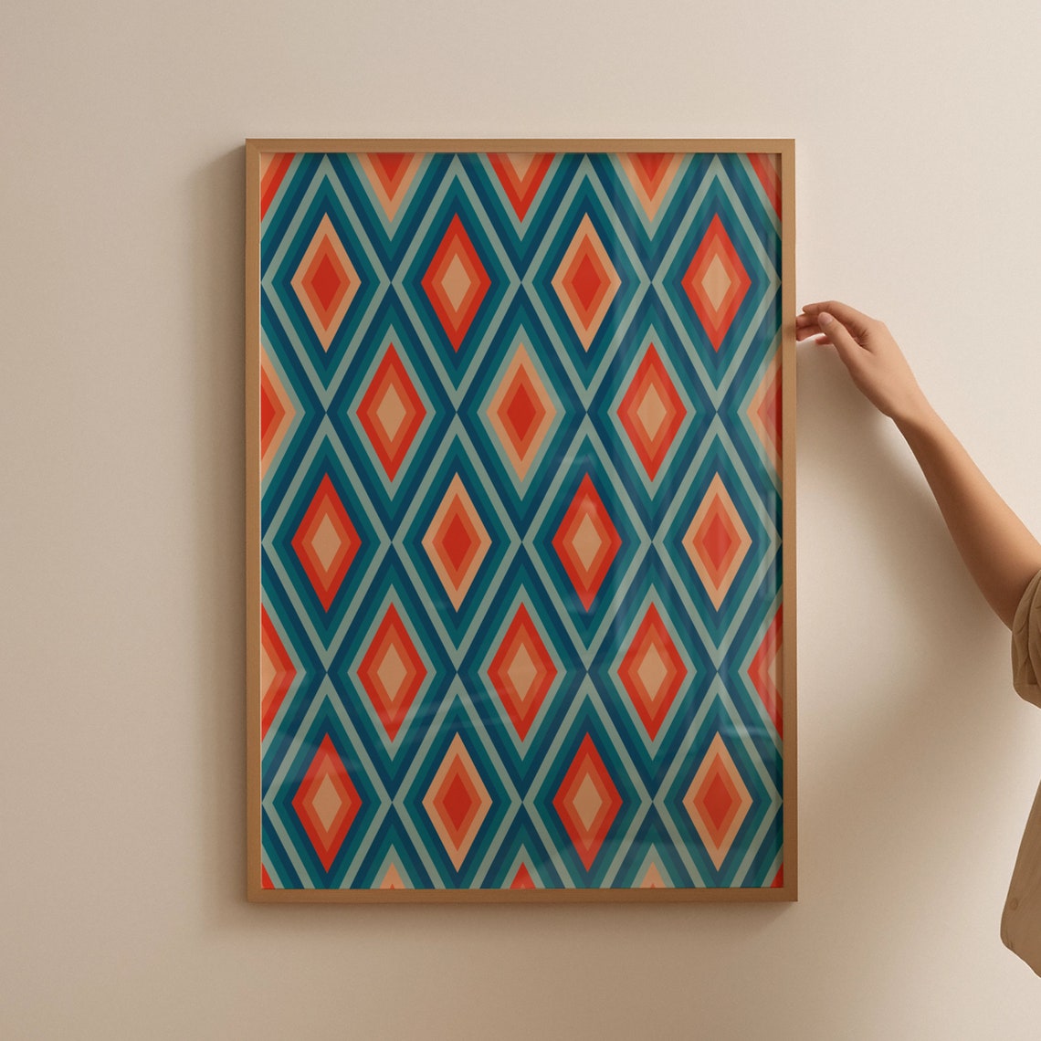 Retro 70s Striped Diamond Geometric Pattern Teal Orange Poster - Image 4