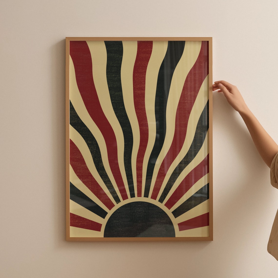 Bold Geometric Sunrise Retro Boho Wavy Rays Black Red Sun Art Poster
