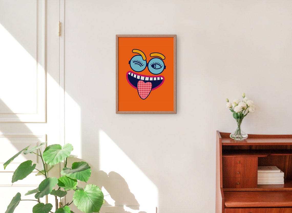 Wacky Cartoon Face Orange Pop Art Funny Winking Eye Quirky Poster - Image 4