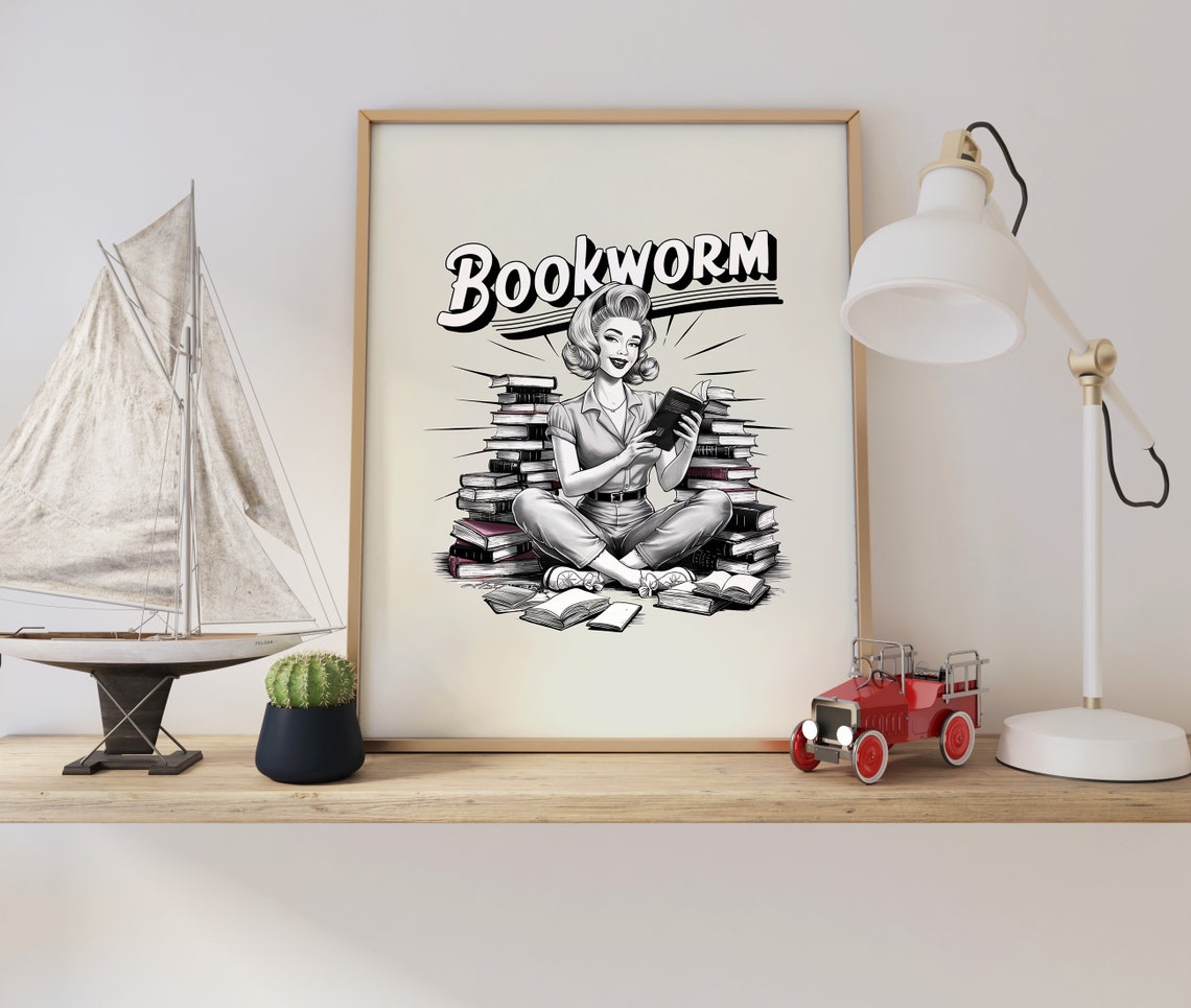 Retro Bookworm Pin Up Woman Reading Stacks Of Books Gift Poster - Image 3