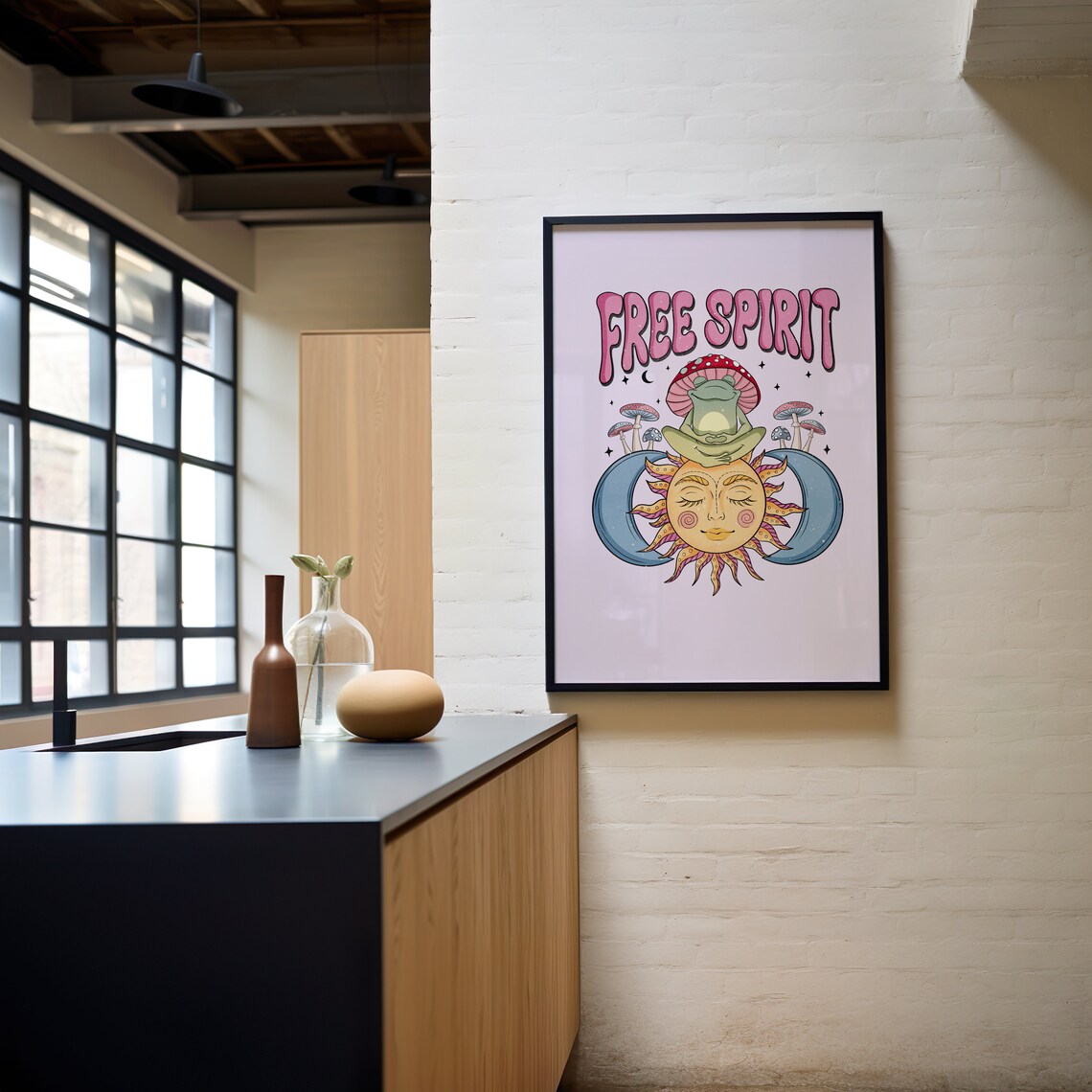 Free Spirit Meditating Frog Poster Celestial Sun Moon Mushroom Decor - Image 3