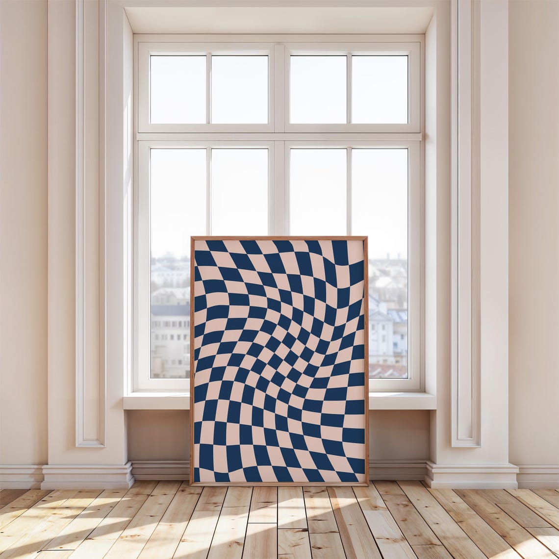 Wavy Checkerboard Pattern Navy Blue Blush Retro Abstract Poster - Image 4