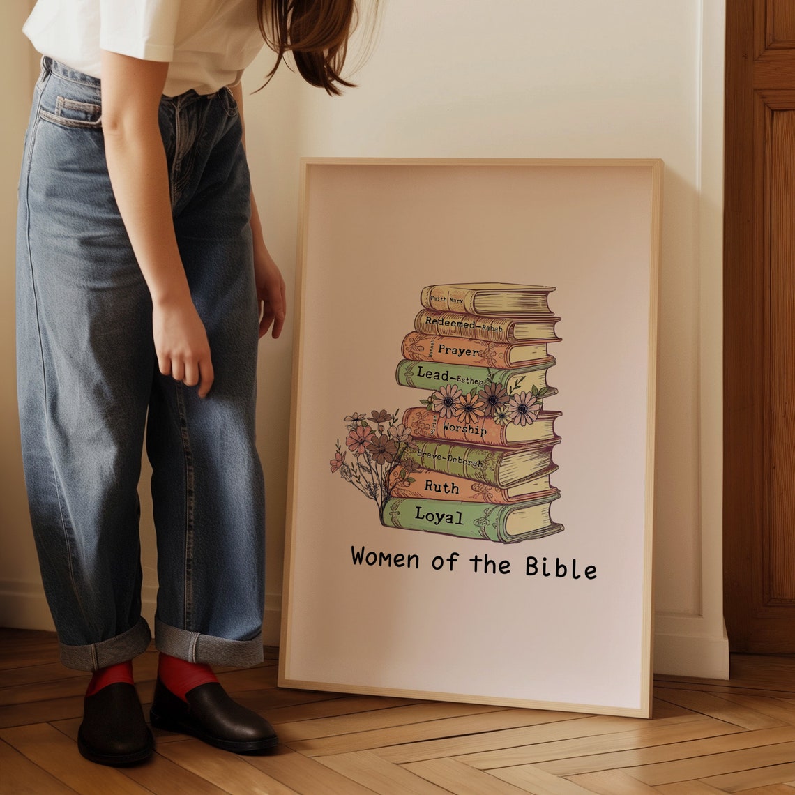 Women Of The Bible Stack Of Vintage Books Floral Faith Poster - Image 4