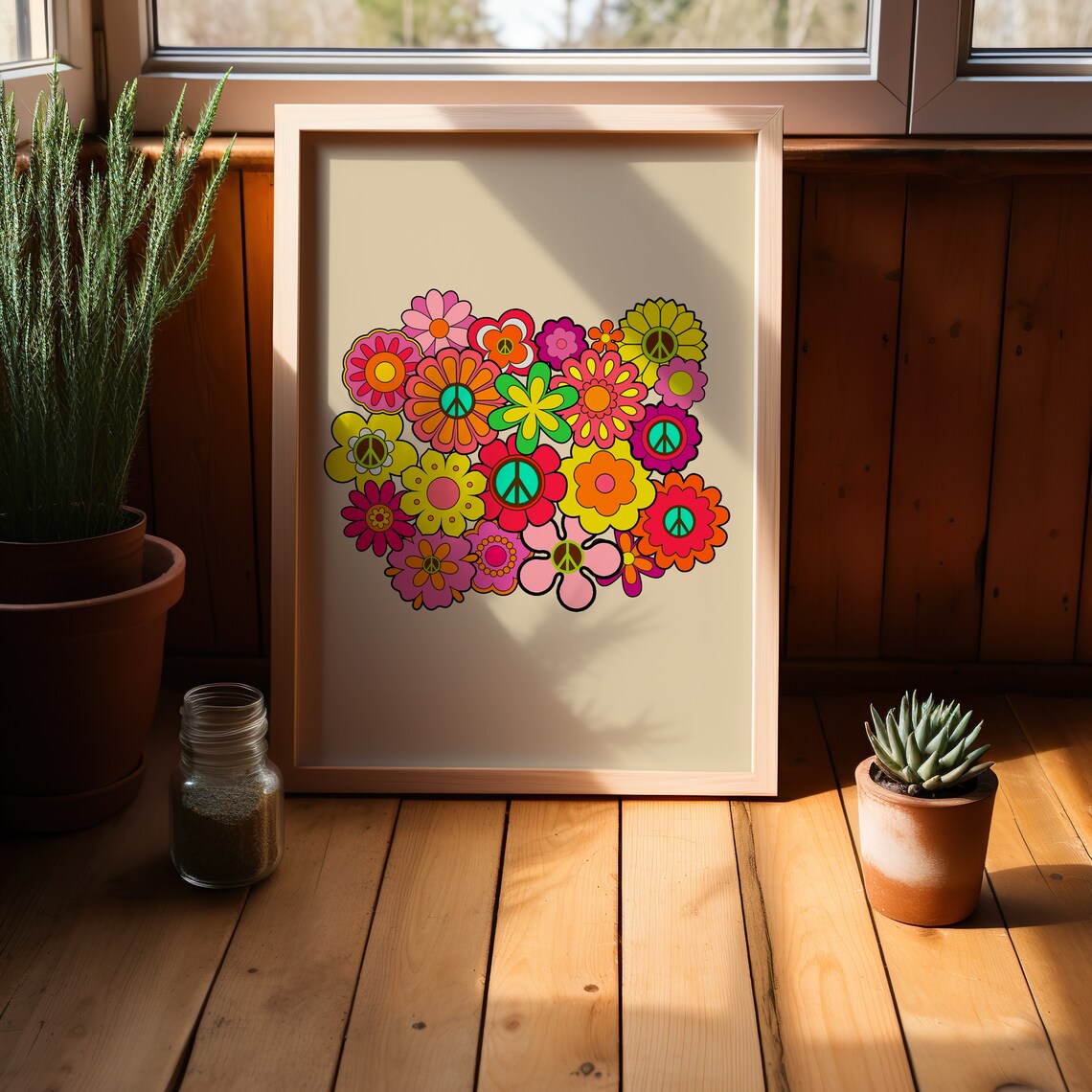 Hippie Peace Flower Bouquet Groovy Colorful Retro Floral Poster - Image 4