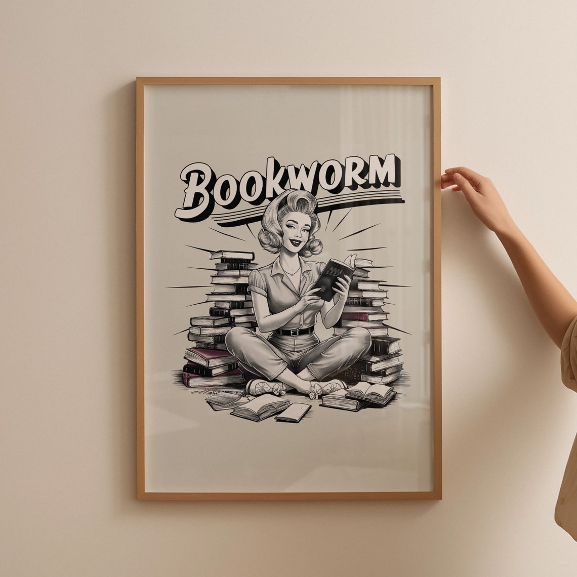 Retro Bookworm Pin Up Woman Reading Stacks Of Books Gift Poster