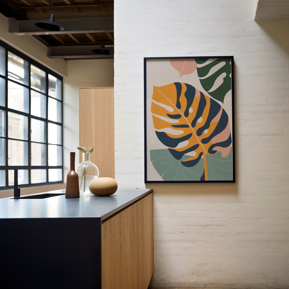 Abstract Monstera Leaves Orange Navy Boho Botanical Wall Poster - Image 3