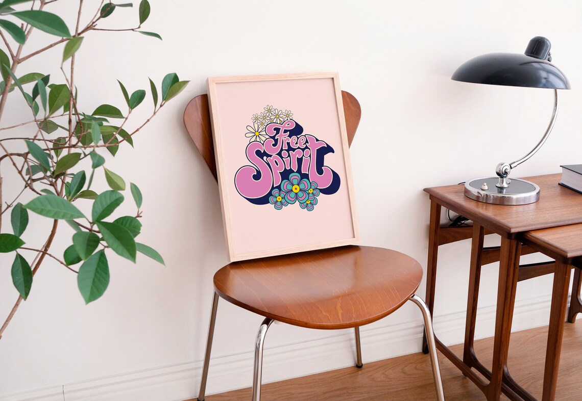 Free Spirit Bold Groovy Purple Lettering Daisy Hippie Art Poster - Image 2