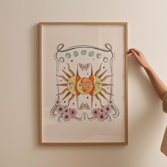 Celestial Sun Moon Retro Groovy Art Print
