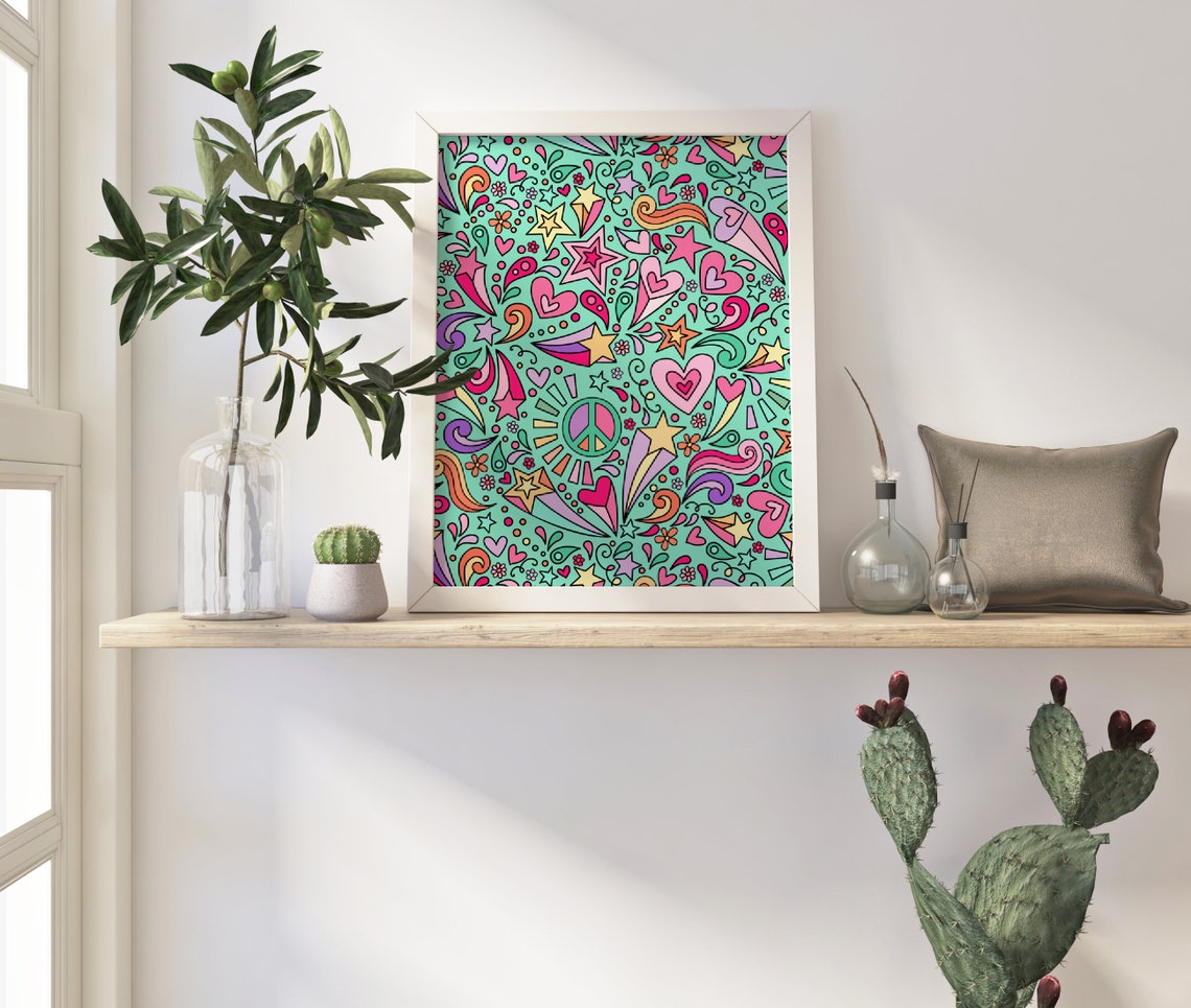 Psychedelic Mint Green Doodle Hearts Stars Peace Sign Poster - Image 2