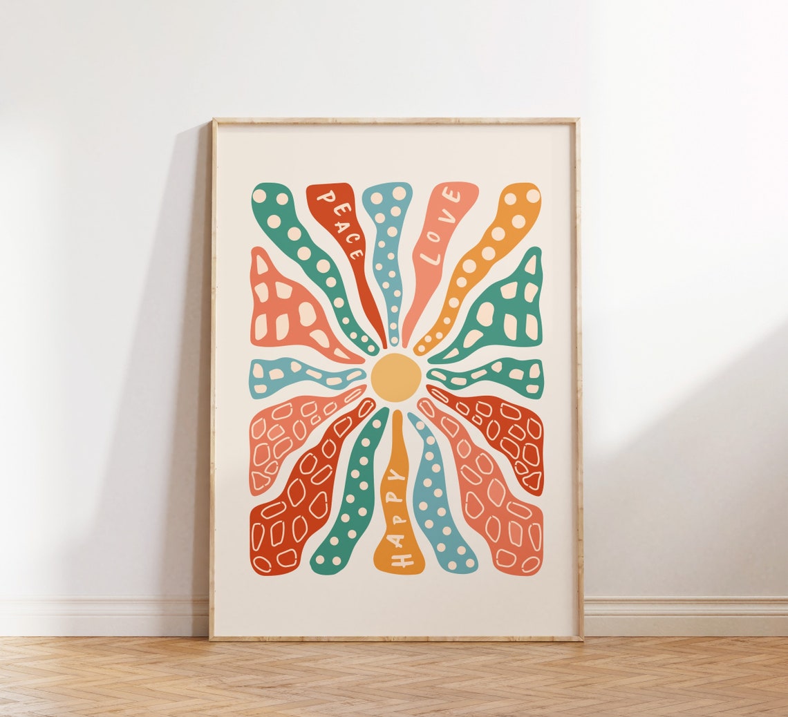 Peace Love Happy Colorful Sunburst Mandala Retro Boho Art Poster - Image 4