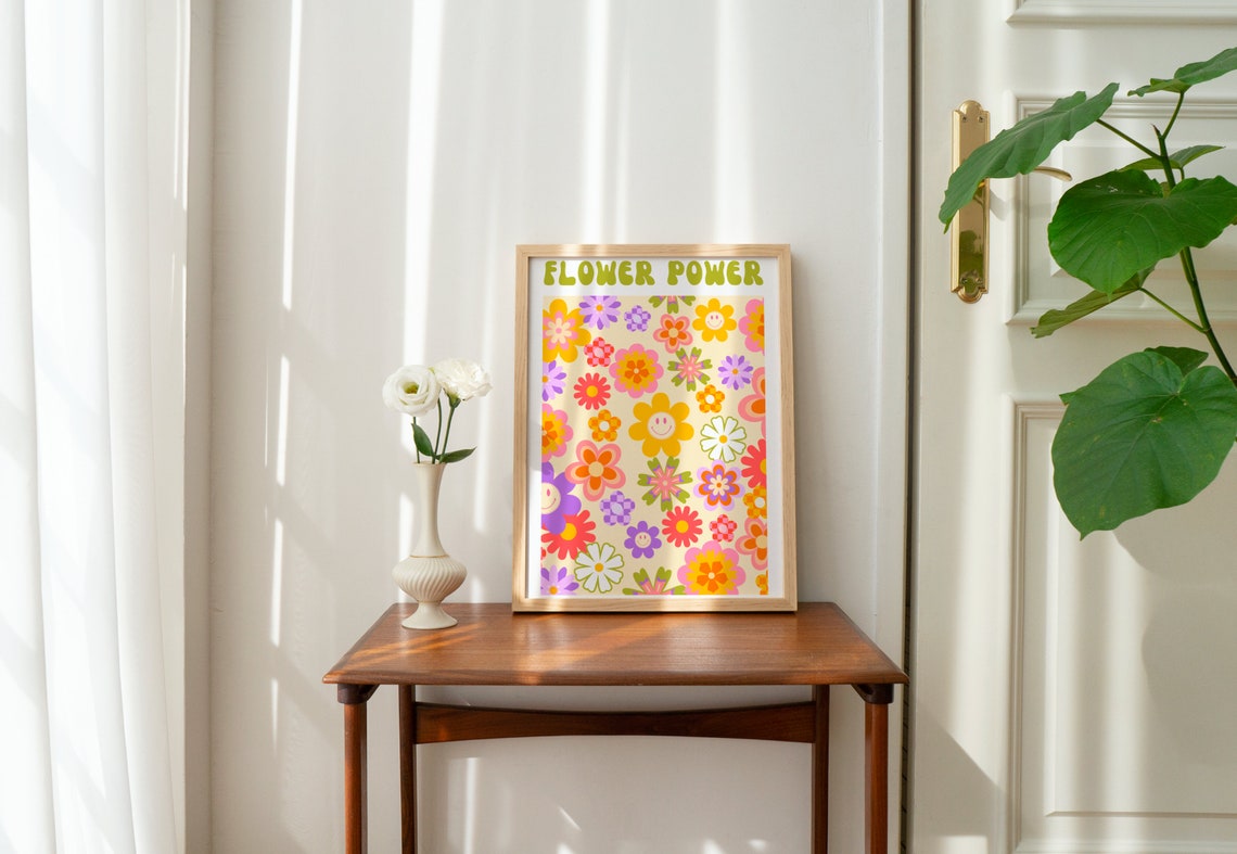 Flower Power Retro Smiley Daisy All Over Pattern Wall Poster - Image 2