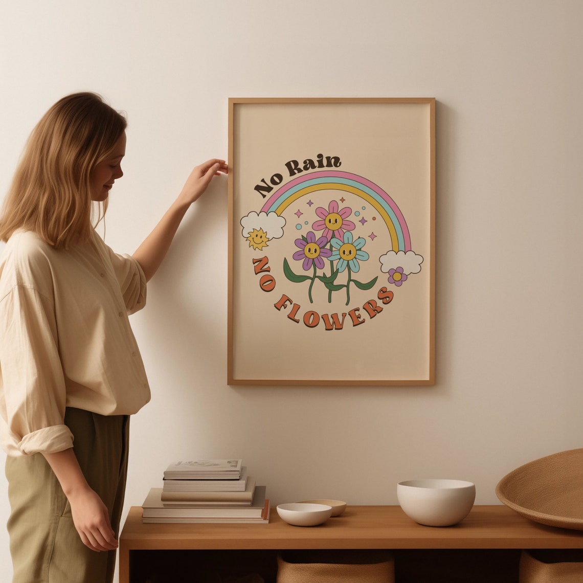 No Rain No Flowers Retro Rainbow Smiling Daisy Garden Poster - Image 4