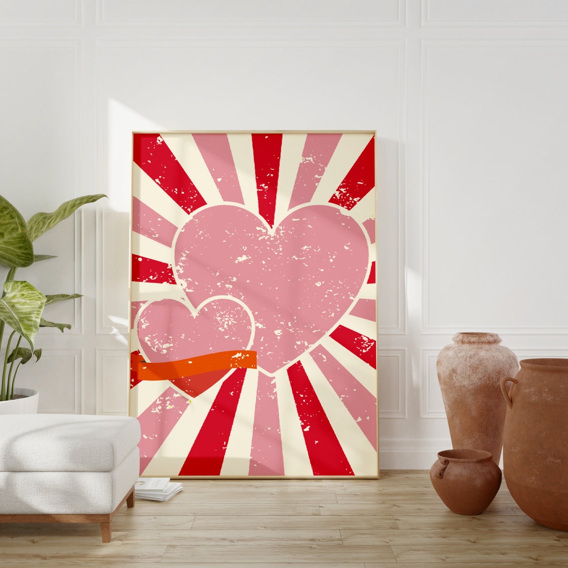 Retro Pink Hearts Ribbon Banner Sunburst Pop Art Wall Poster - Image 2