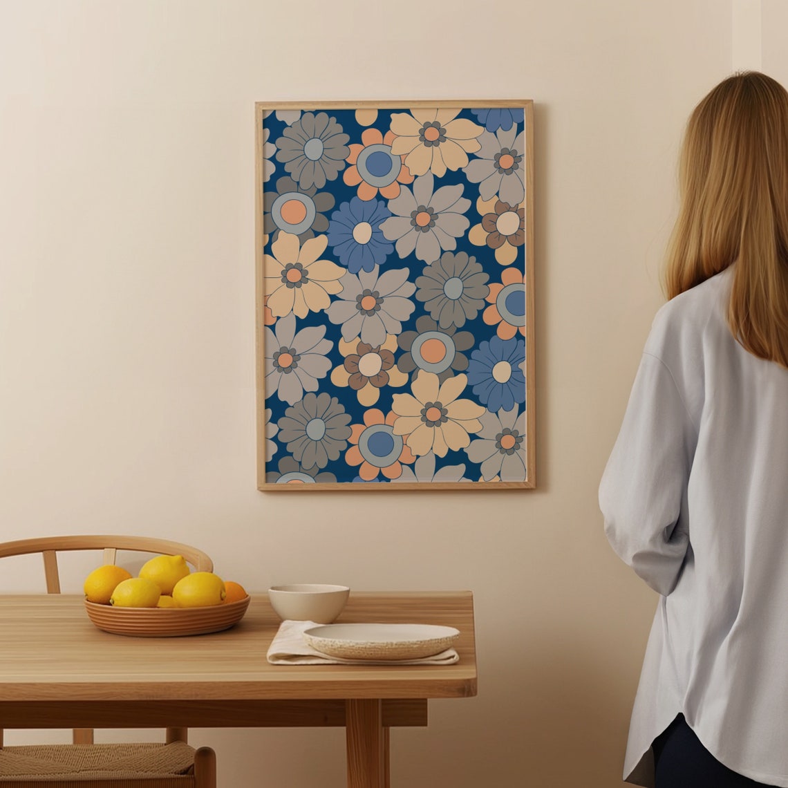 Blue Retro Flower Pattern Groovy Daisy 70s Floral Wall Decor Poster - Image 3