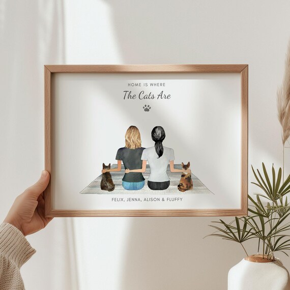 Home Is Where The Cats Are Print Two Women With Cats Personalized Names
