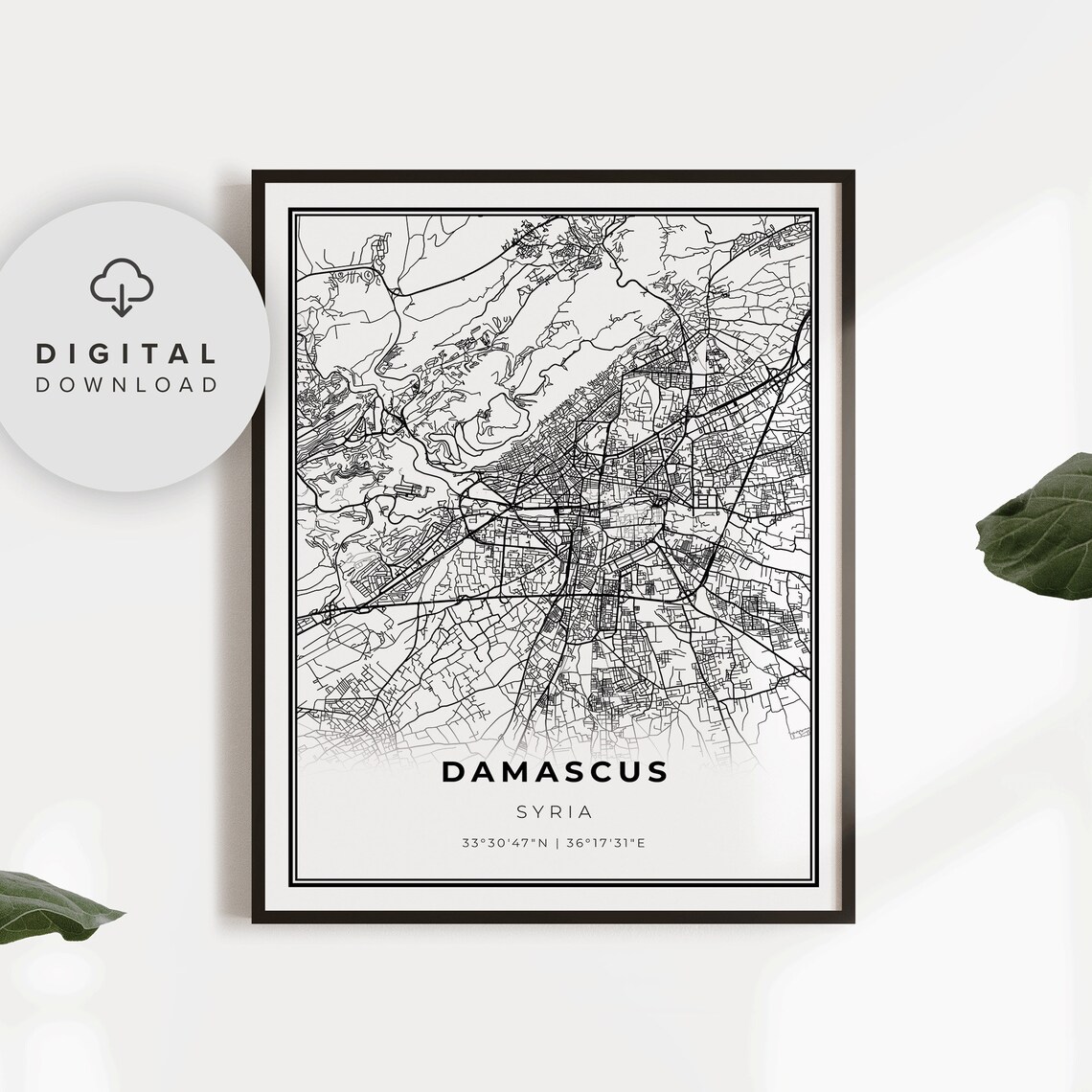 Damascus Syria Minimalist Black And White Street Map City Poster