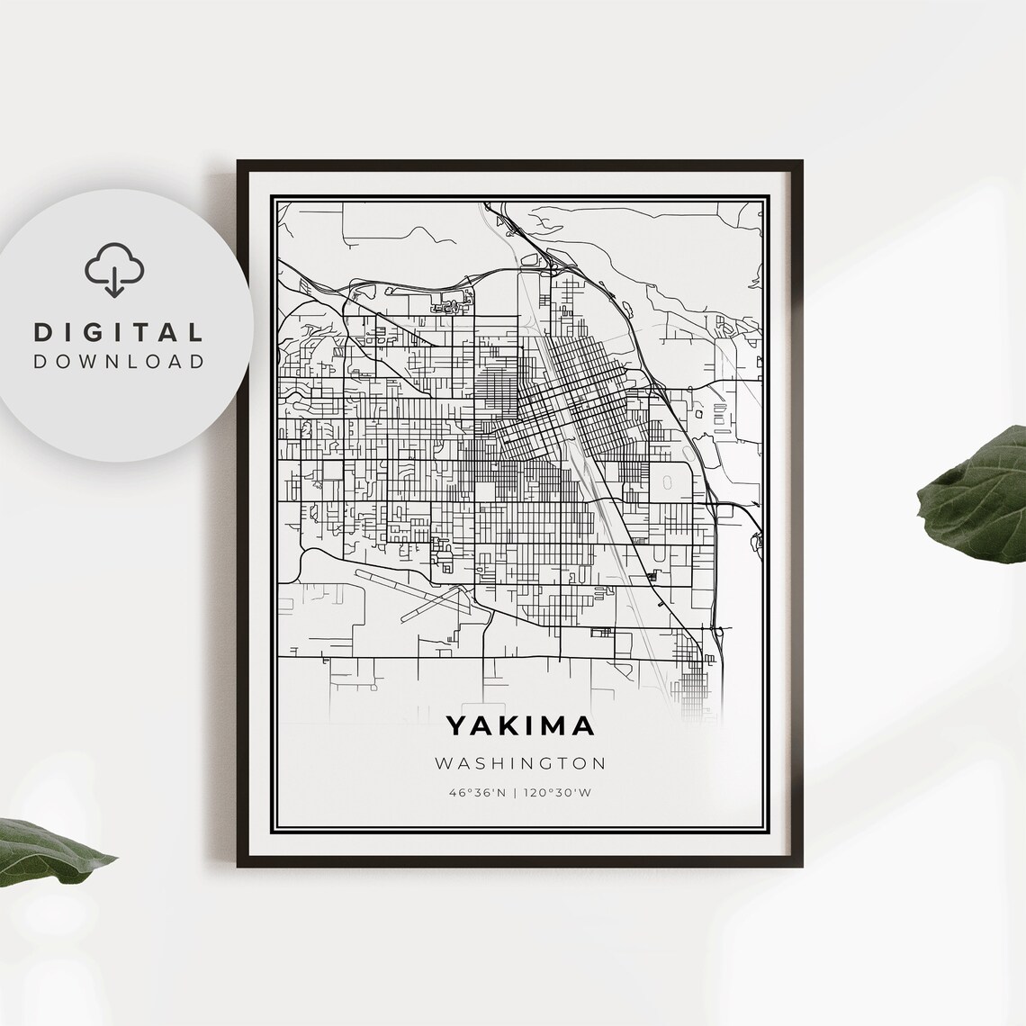 Yakima Washington City Street Map Black And White Minimalist Poster