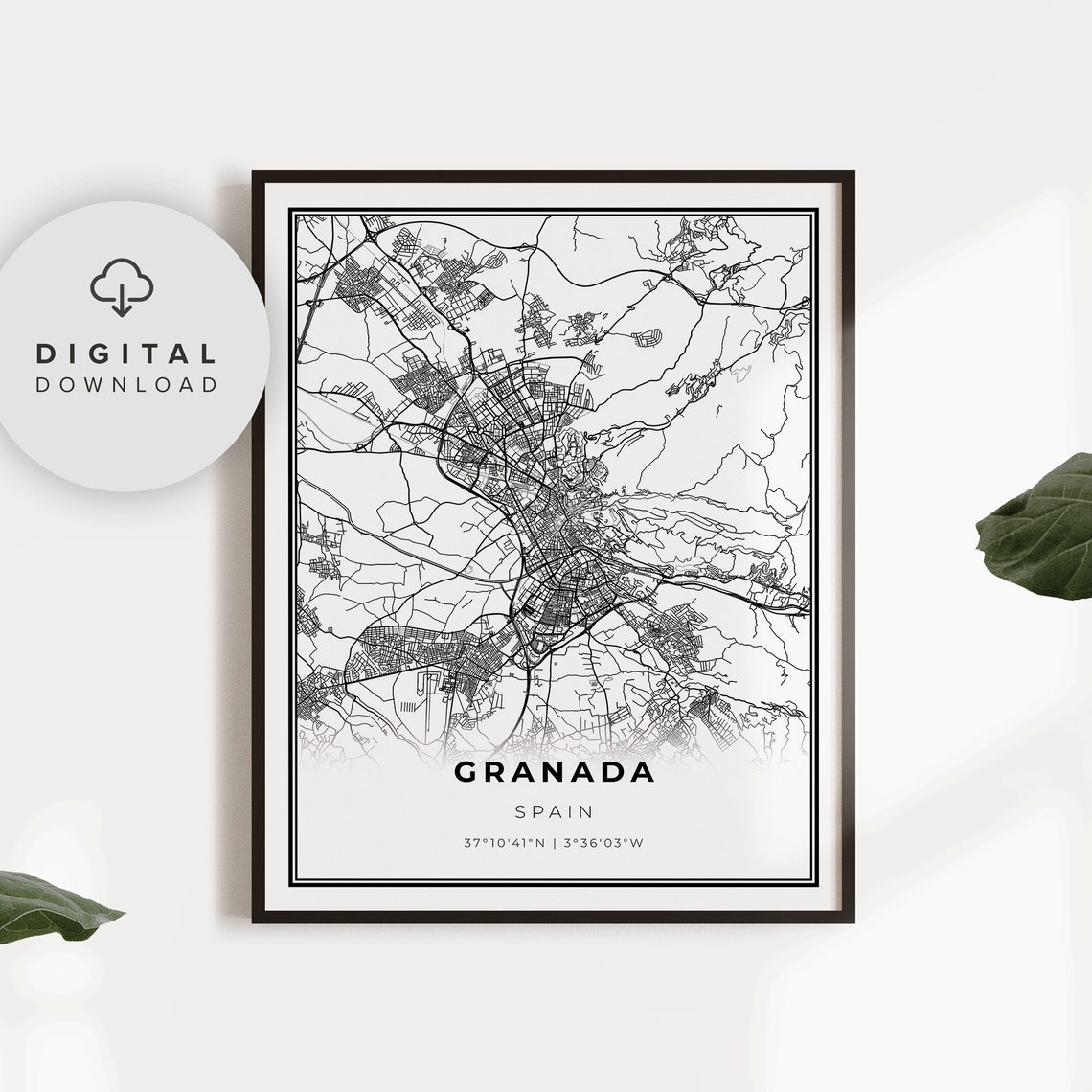 Granada Map Print Spain Art Poster City Street Road Minimalist Np724