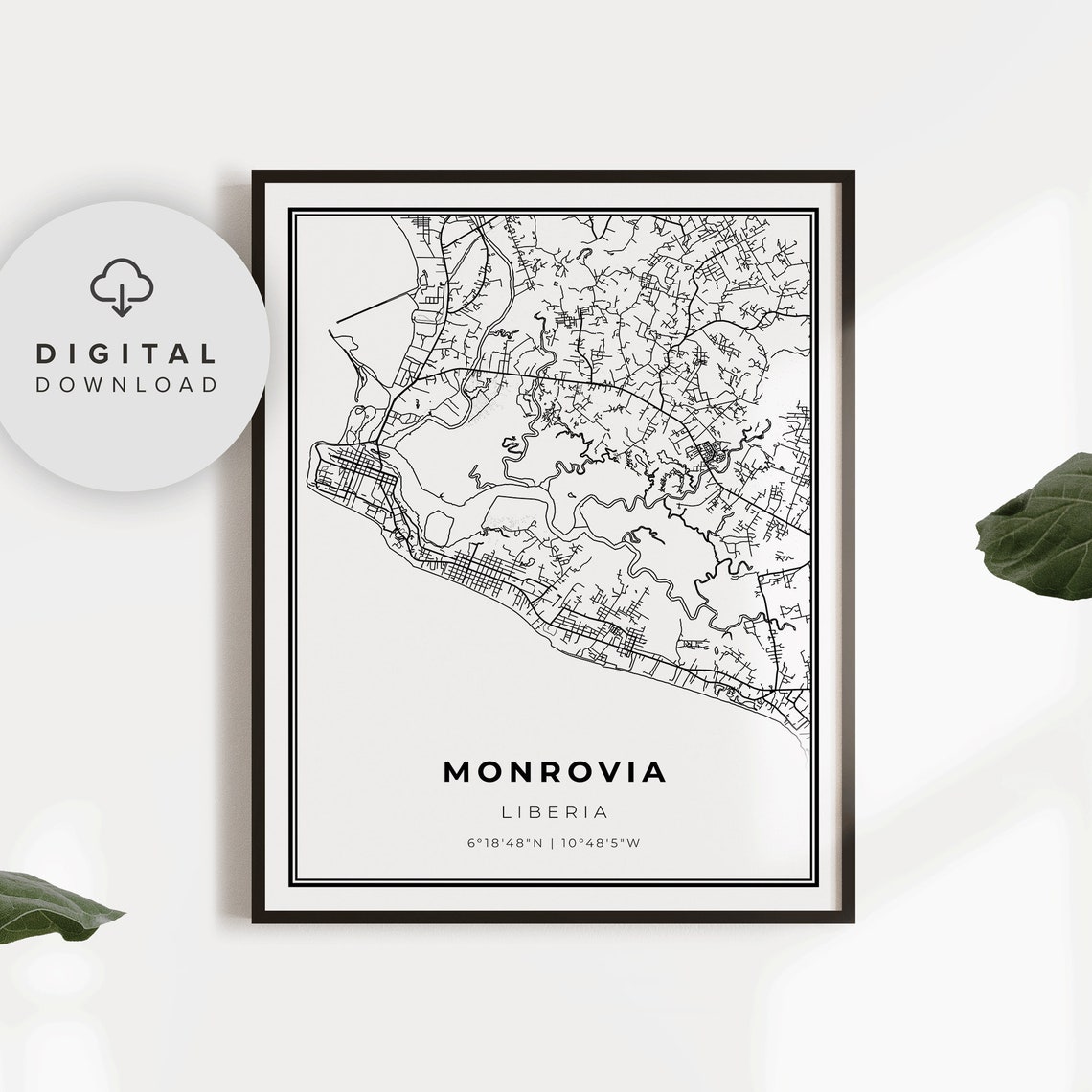 Monrovia Liberia City Street Map Minimalist Black White Poster