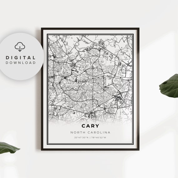 Cary Map Print North Carolina Nc Usa Art Poster Wake County City Street Road Gift Ideas Np182