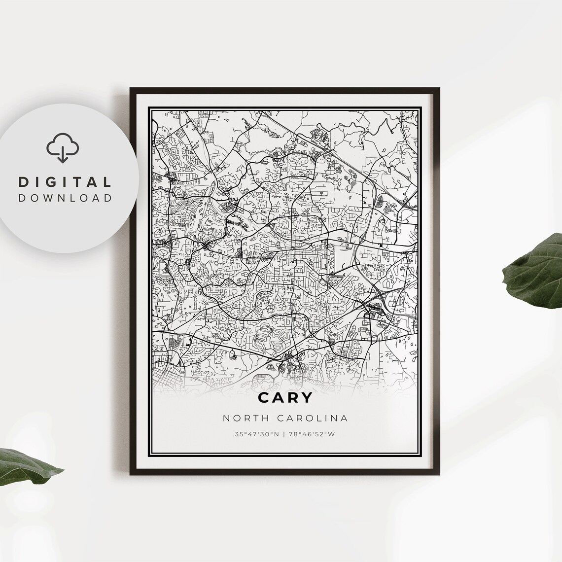 Cary North Carolina Black and White City Street Map Minimalist Poster
