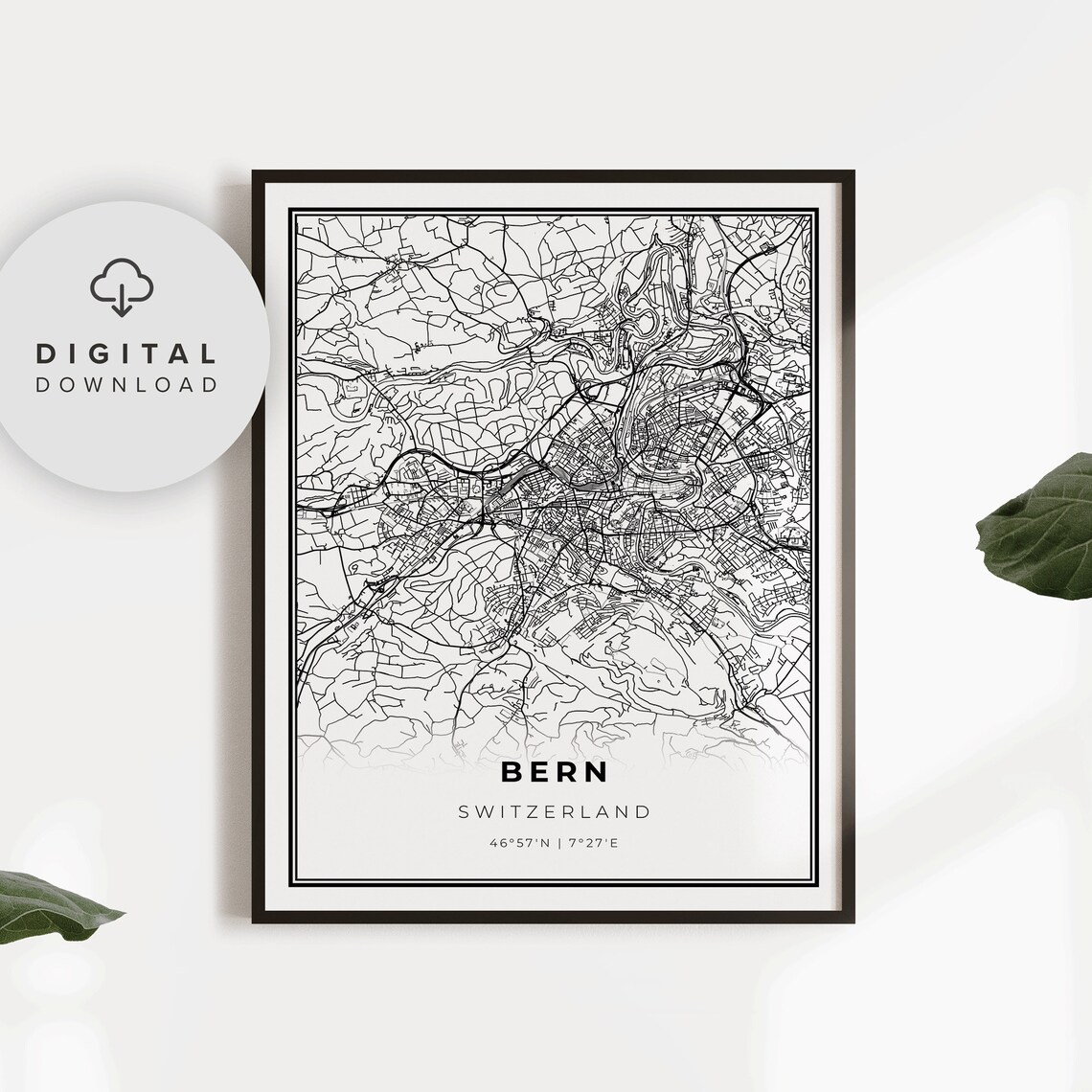 Bern Switzerland City Street Map Minimalist Black Line Art Poster