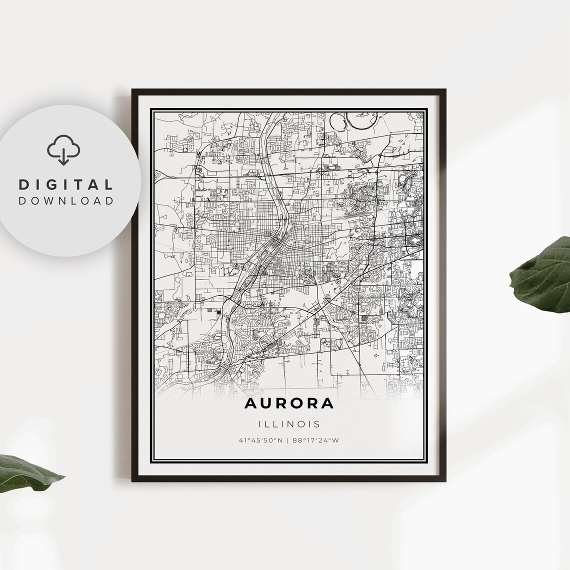Aurora Illinois Chicago Suburb City Street Map Minimalist Art Poster