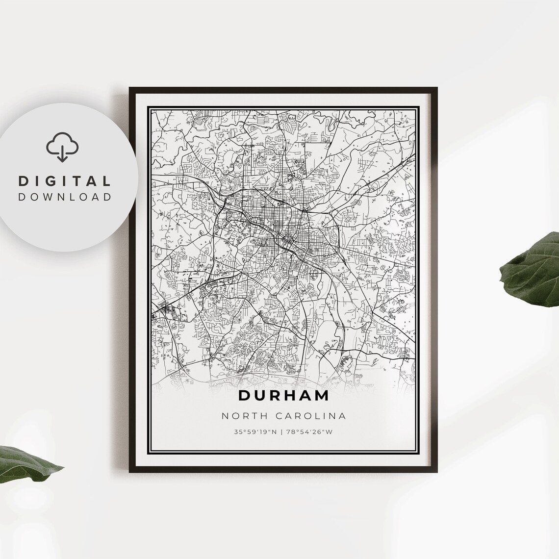 Durham North Carolina Minimalist Black White Street Map Poster