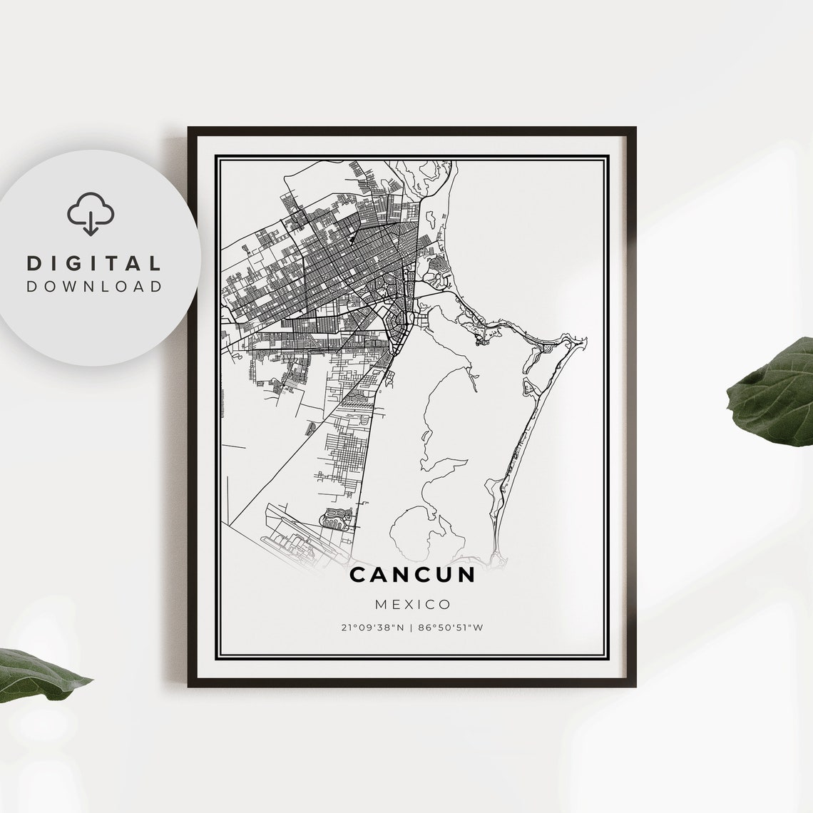 Cancun Mexico Caribbean Resort City Street Map Monochrome Poster